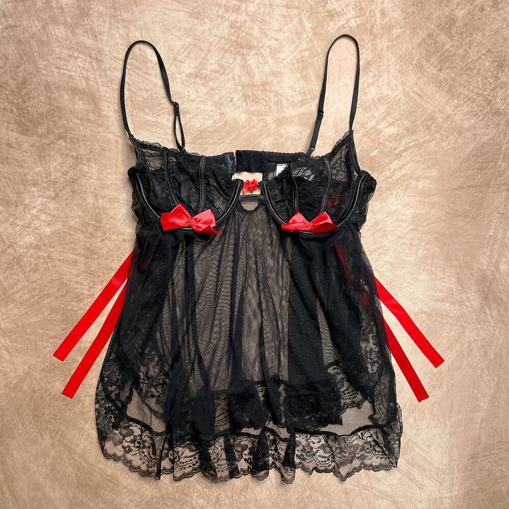 Vintage Y2K Escante Collection Sheer Mesh Floral Lace Babydoll Lingerie Top Bows